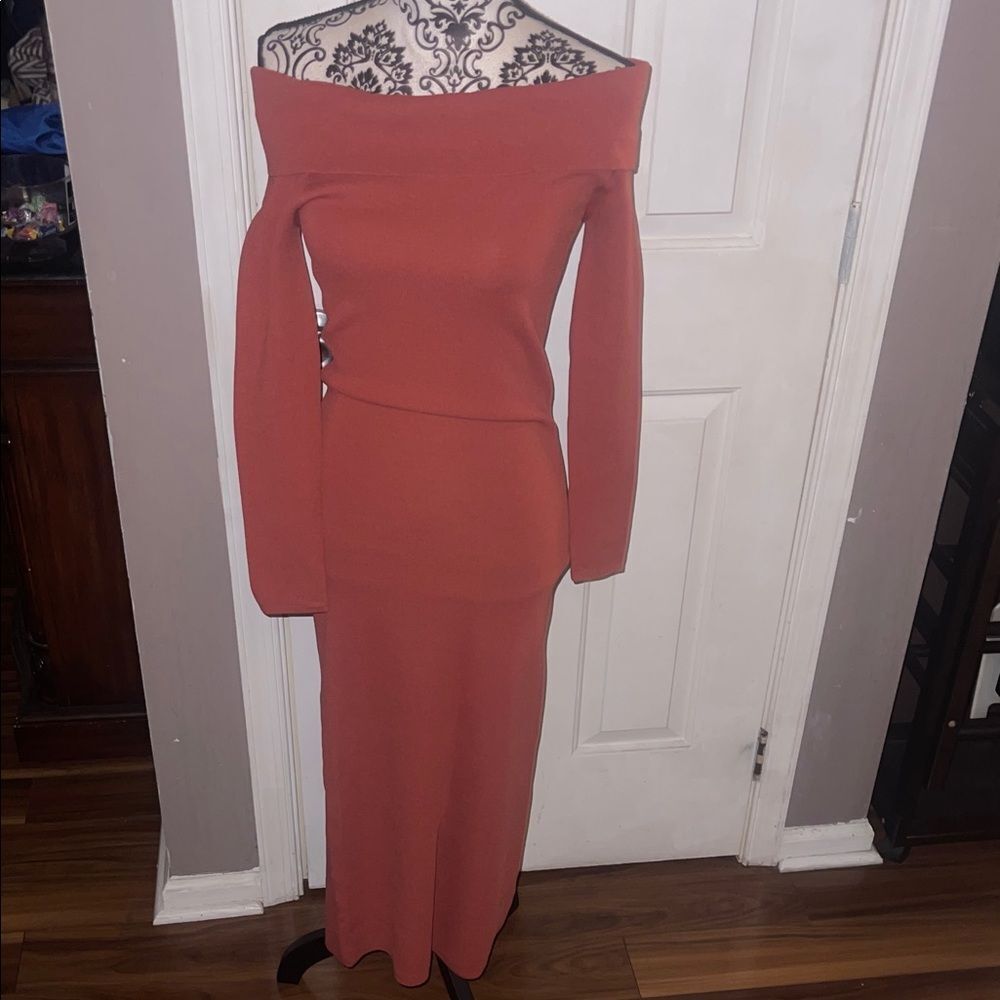 Bardot Off-Shoulder Rust Dress